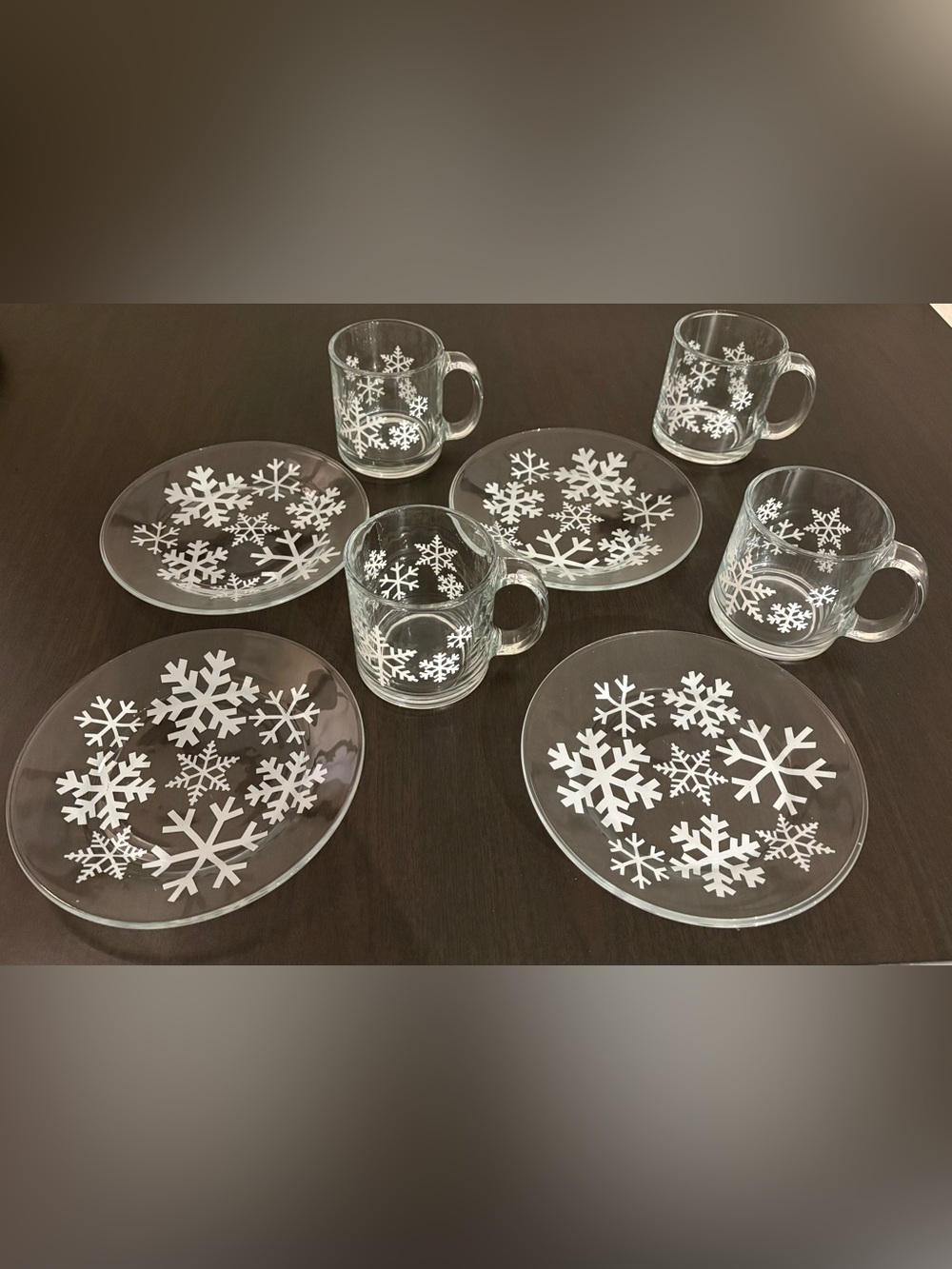 Crate&Barrel Clear Glass Mug and Dessert Plate Set with White Snowflake Motif